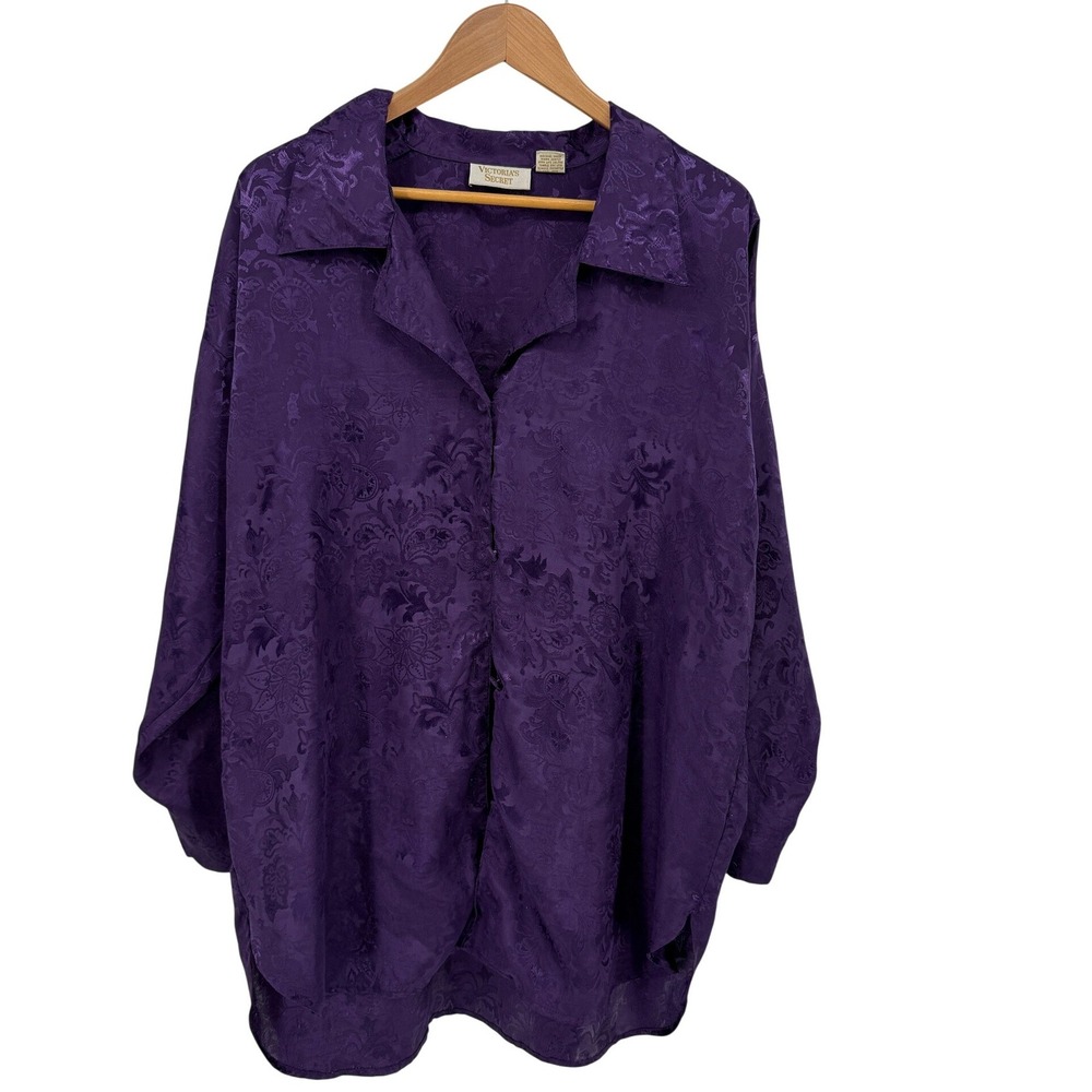 Vintage‎ Victorias Secret Gold Label Purple Floral Damask Pajama Top Shirt ML